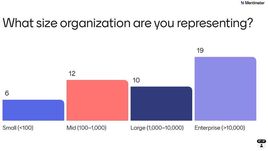 Bar chart detailing organization sizes with Enterprise having the highest count of 19.