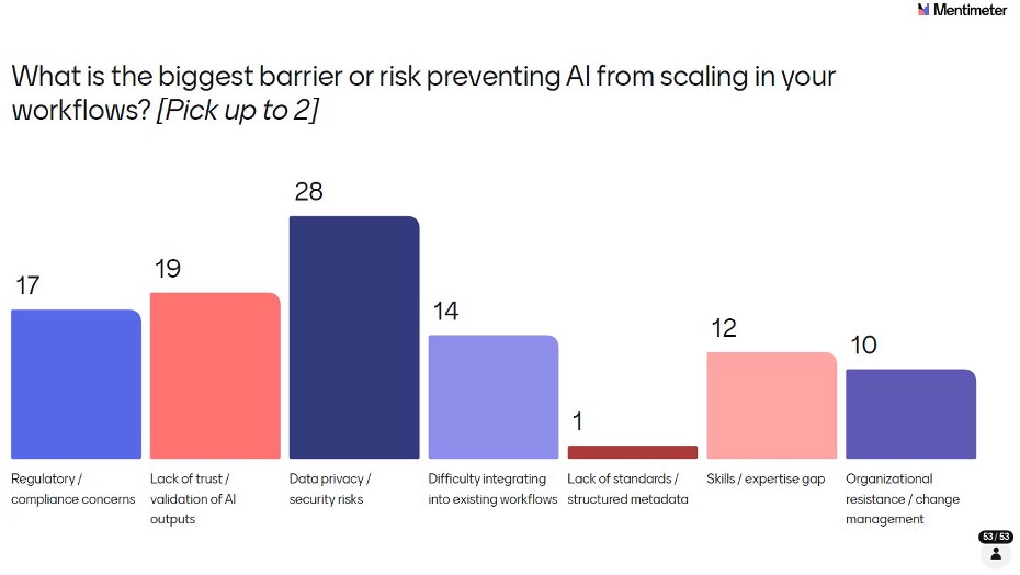 Bar chart depicting scaling barriers: Data privacy and security risks leading with 28 selections.